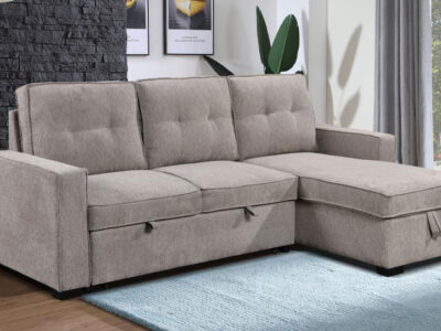 2PC Chenille Sectional with Bed & Storage and Reversible Chaise Beige