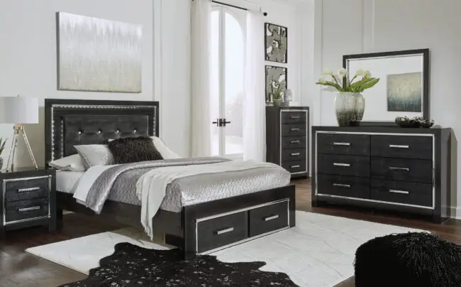 6 PC BLACK BEDROOM SET W/ LED HEADBOARD AND MIRROR LIGHTS