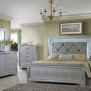 6 PC GREY BEDROOM SET  W/ LED HEADBOARD AND MIRROR LIGHTS