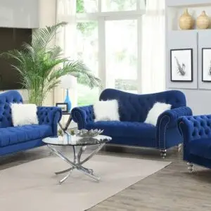3PC DARK BLUE VELVET ROLLED ARMS SOFA SET