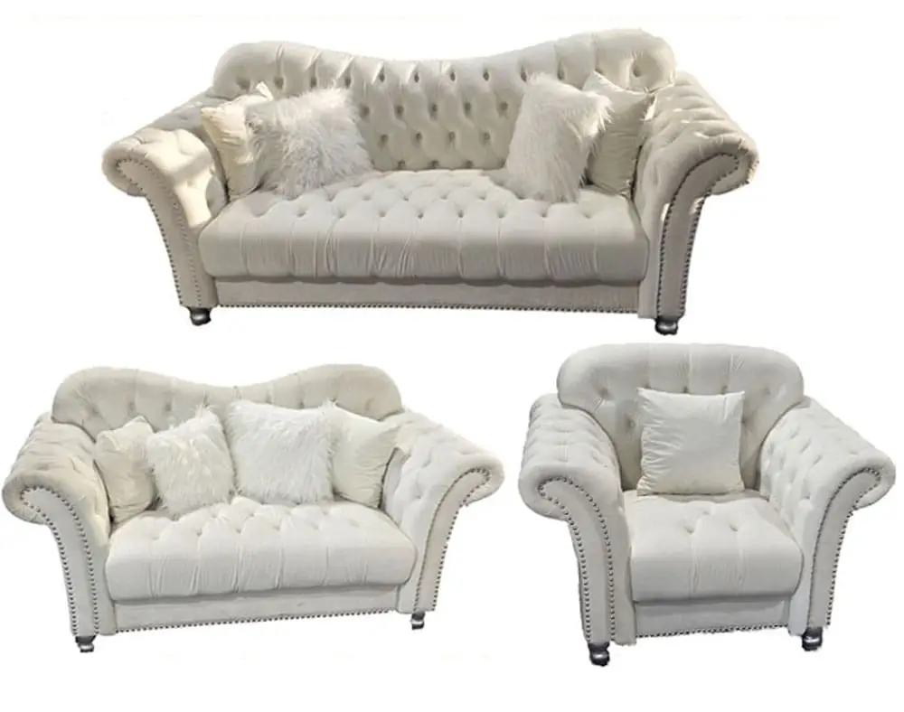 3PC BEIGE VELVET ROLLED ARMS SOFA SET