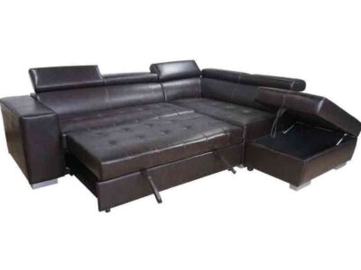 BLACK LEATHER AIR ADJUSTABLE HEADREST SECTIONAL W/ BED