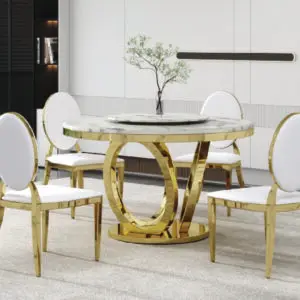 7PC Marble Round Dining Table 52” Gold and 6 Chairs