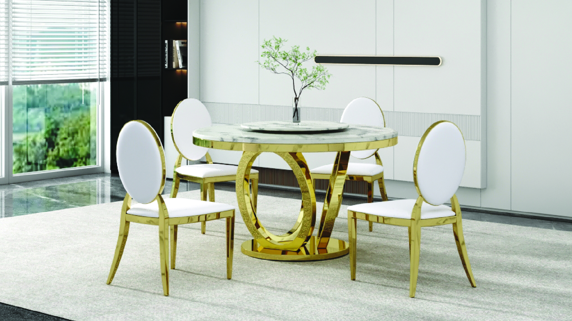 7PC Marble Round Dining Table 52” Gold and 6 Chairs