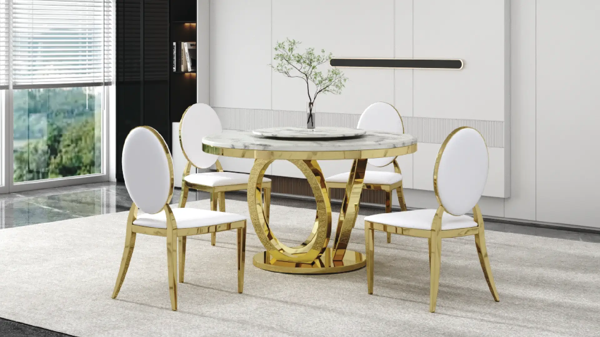 7PC Marble Round Dining Table 52” Gold and 6 Chairs