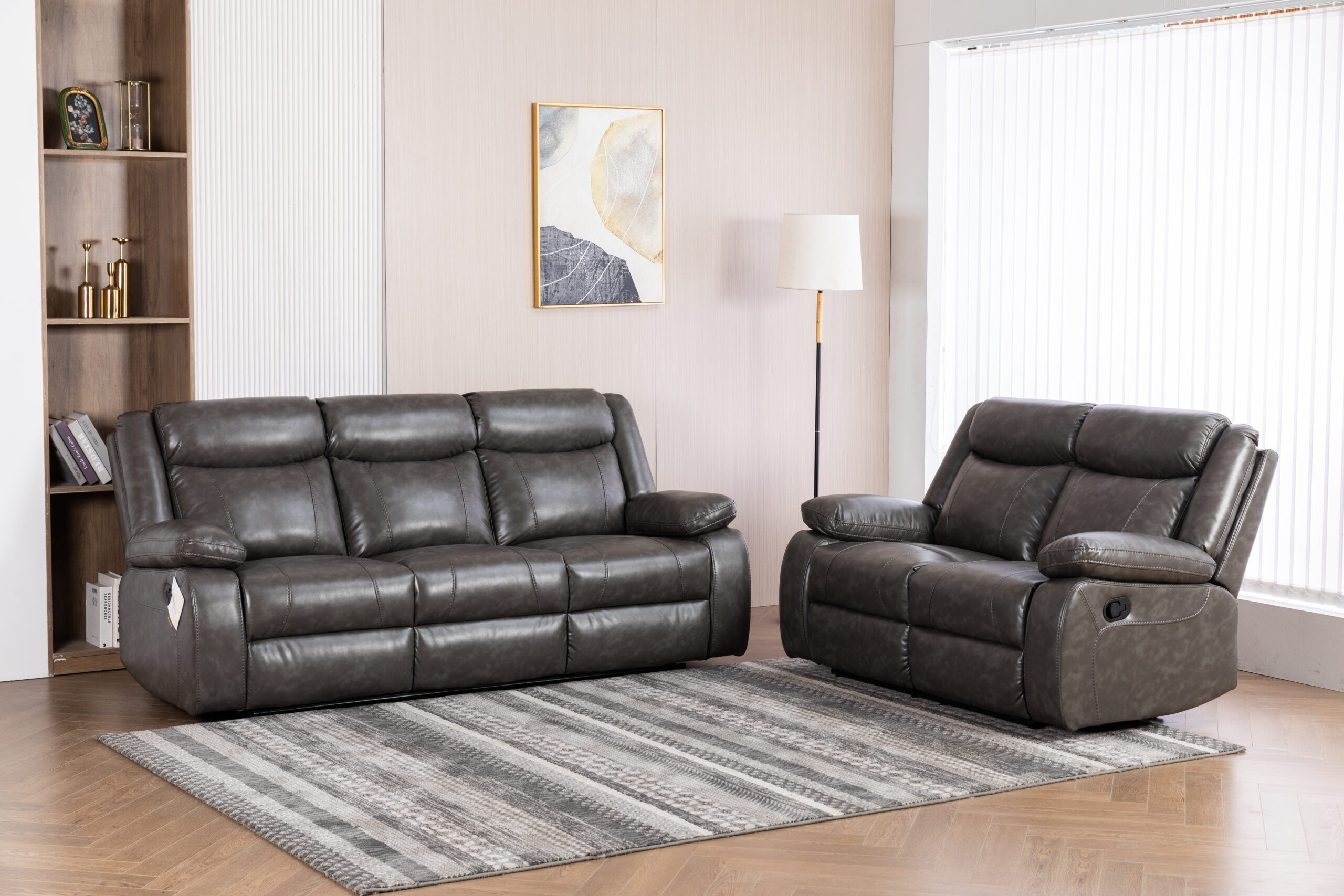 2Pc Leather Gel Grey Recliner Sofa Set