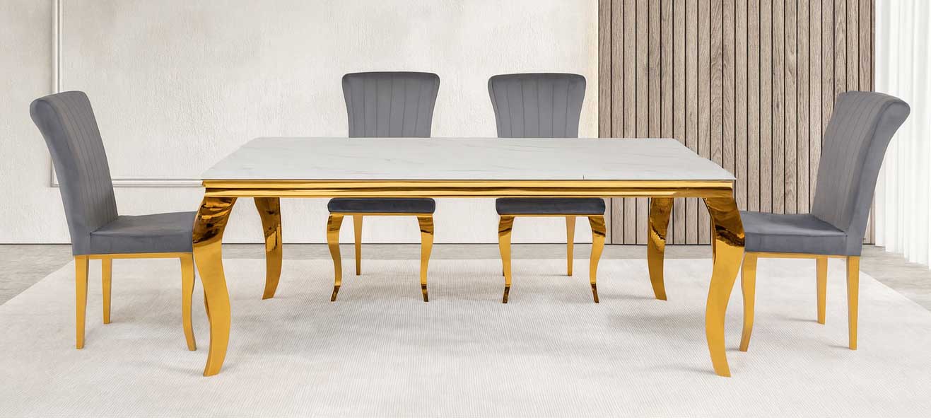 7PC Imperial Gold Marble Rectangular Dining Table Set
