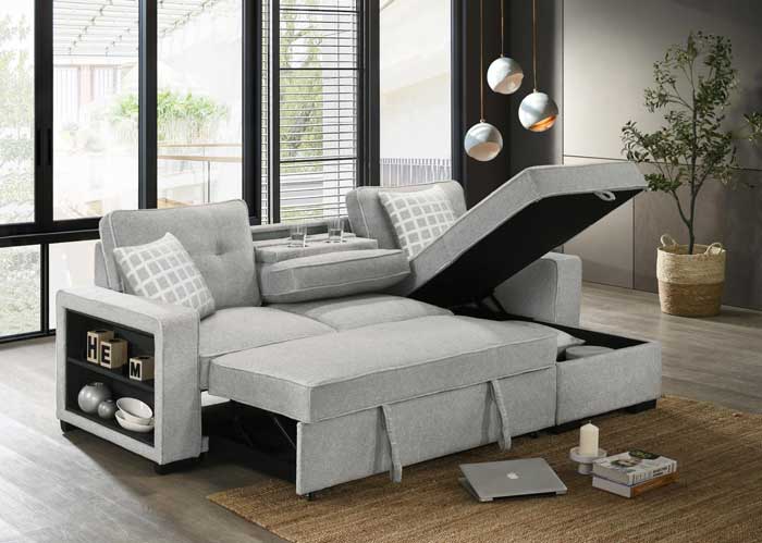 2PC Fabric Sectional with Bed & Storage