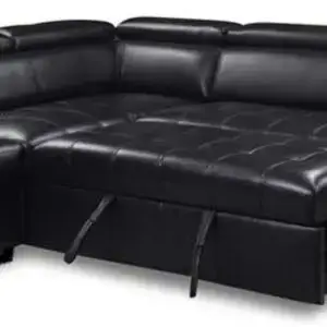 3PC Black Leather Gel Sleeper Sectional With 5 Headrests and storage ottoman