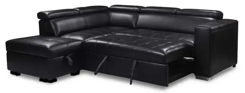 3PC Black Leather Gel Sleeper Sectional With 5 Headrests and storage ottoman