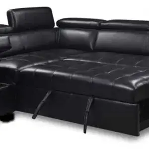 3PC Black Leather Gel Sleeper Sectional With 5 Headrests and storage ottoman