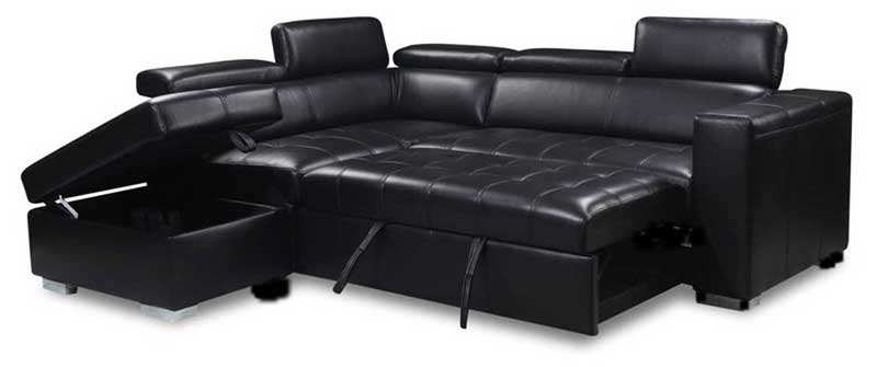 3PC Black Leather Gel Sleeper Sectional With 5 Headrests and storage ottoman
