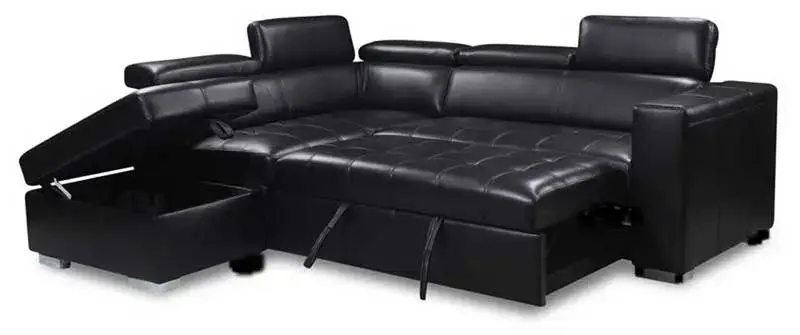 3PC Black Leather Gel Sleeper Sectional With 5 Headrests and storage ottoman